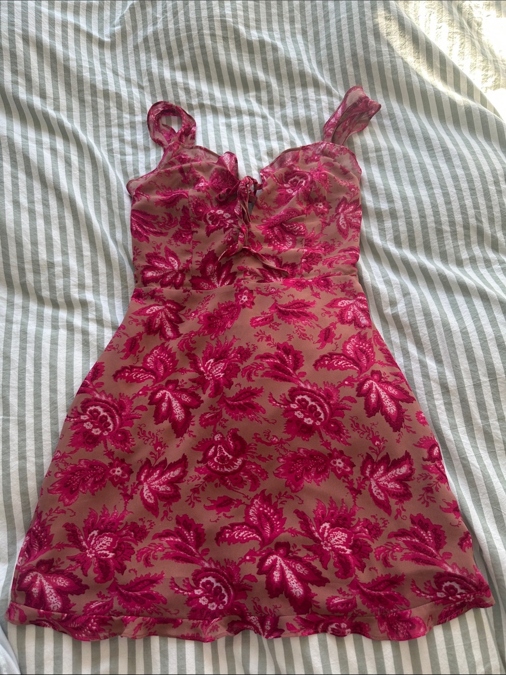 Pink Floral Mini Dress — Sleeveless Tie-Front